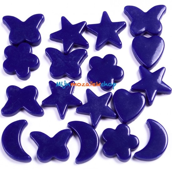 Indigo blauwe mozaiek figuren - vlinder, hart, bloem, ster en maan