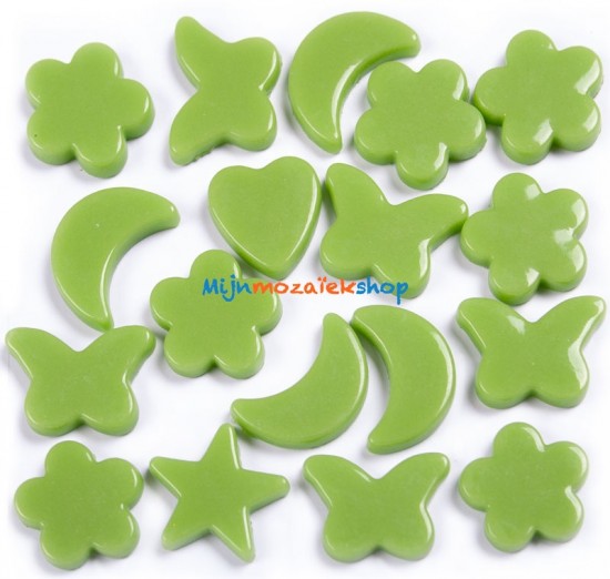 kiwi groene  mozaiek figuren - vlinder, hart, bloem, ster en maan