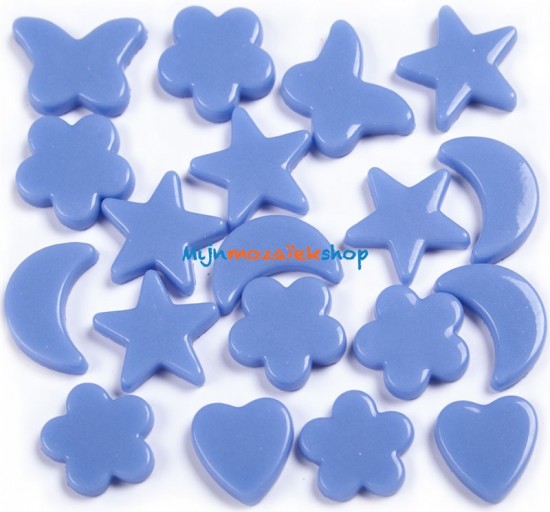 Blauwe mozaiek figuren - vlinder, hart, bloem, ster en maan