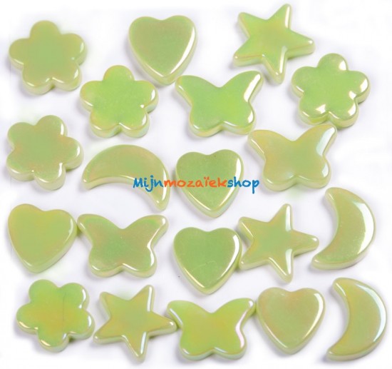 Groene parelmoer mozaiek figuren - vlinder, hart, bloem, ster en maan