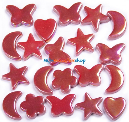 Rode  parelmoer mozaiek figuren - vlinder, hart, bloem, ster en maan