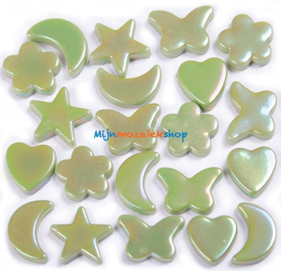 Kiwi groen  parelmoer mozaiek figuren - vlinder, hart, bloem, ster en maan
