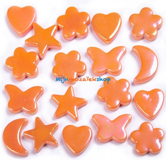 Oranje  parelmoer mozaiek figuren - vlinder, hart, bloem, ster en maan