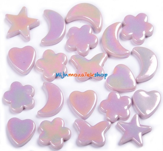 Roze parelmoer mozaiek figuren - vlinder, hart, bloem, ster en maan