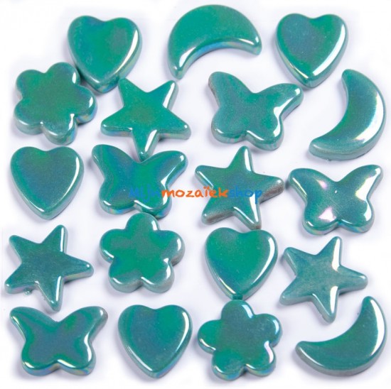 Teal parelmoer mozaiek figuren - vlinder, hart, bloem, ster en maan