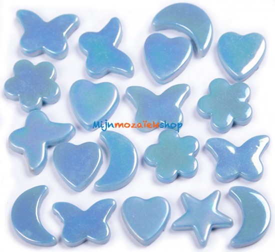 Turquoise blauw parelmoer mozaiek figuren - vlinder, hart, bloem, ster en maan
