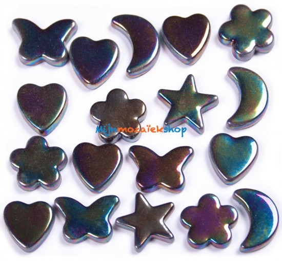 Zwart parelmoer mozaiek figuren - vlinder, hart, bloem, ster en maan